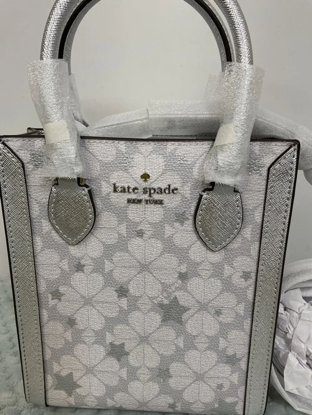 Kate Spade Platinum Grey Flower Star Toss Small Tote Bag NWT